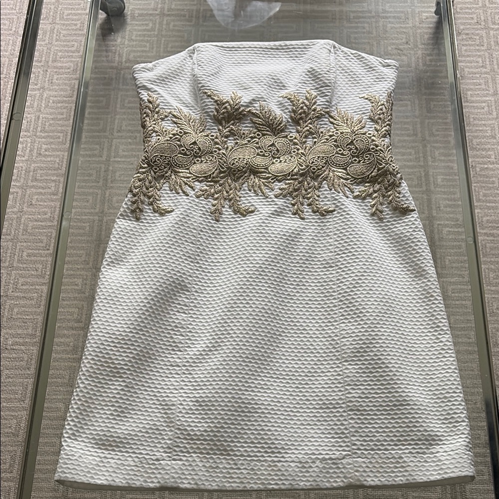Elegant Lily Pulitzer White and Gold Strapless Dress